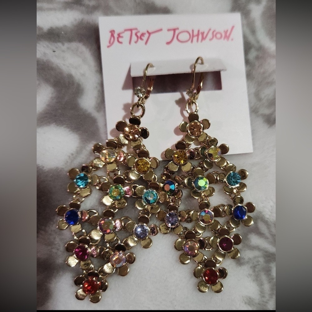BETSEY JOHNSON Love Fest Collection Crystal Chandelier Wavy Golden Earrings NWT